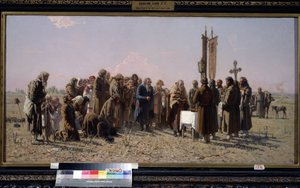 Russische boeren en een orthodoxe priester die bidden tijdens droogte door Grigori Grigoryevich Myasoedov