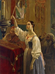 Een meisje plaatste een kaars voor het icoon, 1842 door Grigori Karpovich Mikhaylov