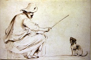 Zittende man die een hond traint door Guercino