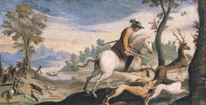 Jacht op herten en wilde zwijnen door Guercino