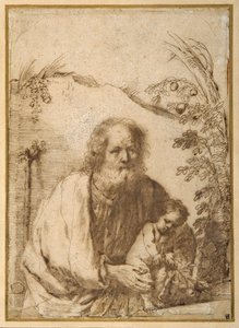 St. Jozef en het Christuskind grijpen een tak van een appelboom door Guercino