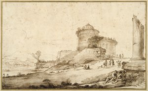 Landschap met een gebroken zuil, een kasteel en talrijke figuren op de voorgrond rechts