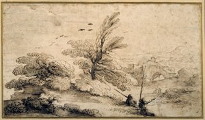 Landschap met twee vissers die rusten door Guercino