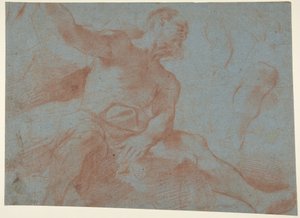 Zittende oude man met opgeheven rechterarm (Tithonus) (recto) door Guercino