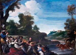 Zomerplezier. Landschap met concert door Guercino
