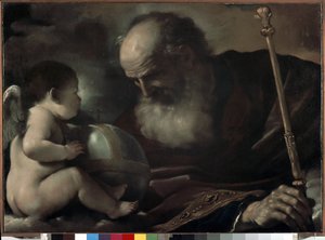 De Almachtige Vader met een Engel - Schilderij door Barbieri Giovanni Francesco, bekend als Il Guercino