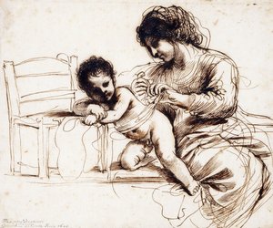 Een moeder en kind bij een stoel door Guercino