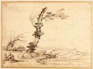Landschap met valkeniers bij een boom