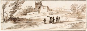 Landschap met kasteel en figuren door Guercino
