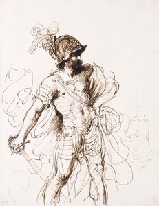 Mars, zijn zwaard getrokken, naar rechts gedraaid door Guercino