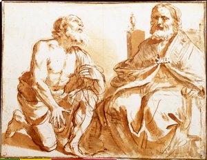 Zittende bisschop en knielende heilige door Guercino