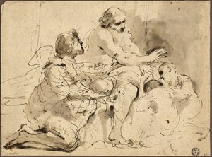 Studie voor Jacob zegent de zonen van Jozef (recto); Schetsen: Sint Christoffel; Twee figuren in gesprek over geld (verso)