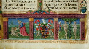 De Schepping en Verleiding van Adam en Eva met het wapen van het Huis van Este, uit de Bijbel des Chartreux door Guglielmo Giraldi