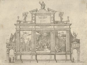 Gevel van een triomfmonument met drie scènes die de daden van paus Clemens VIII uitbeelden, een t..., 1598