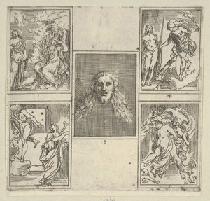 Vijf genummerde scènes, elk naar een schilder in de Accademia Degl