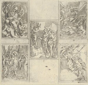 Vijf genummerde scènes, elk naar een schilder in de Accademia Degl