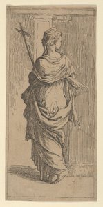 Meisje dat een kruis draagt en naar een pilaster stapt, van achteren gezien door Guido Reni
