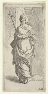 Meisje dat een kruis draagt en naar een pilaster stapt, van achteren gezien, ca. 1590-1600 door Guido Reni