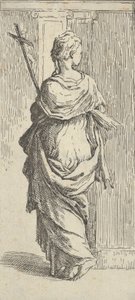 Meisje dat een kruis draagt en naar een pilaster stapt, gezien van achteren, ca. 1590-1600 door Guido Reni