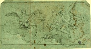 Muzikale engelen in wolken (recto); Zittende geestelijke (verso) door Guido Reni