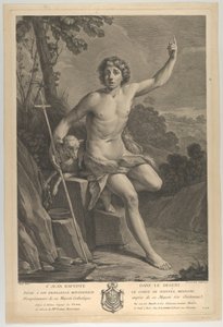 Sint Johannes de Doper in de woestijn, zittend op een rots en wijzend omhoog met zijn linkerhand door Guido Reni