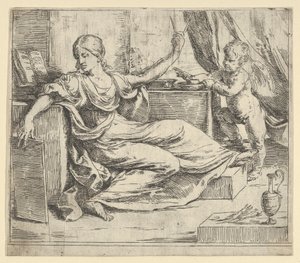 Zittende vrouw met een tablet en kompas allegorie van leren, een gevleugelde putto... door Guido Reni
