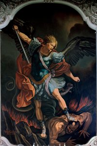 De Aartsengel Sint-Michael die de Draak verslaat, schilderij door V. M. De Girolamo (20e eeuw) naar Guido Reni. 1957