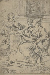 De Heilige Familie zittend samen voor een colonnade, Sint Jozef lezend door Guido Reni