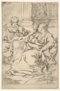 De Heilige Familie met Bijbels tafereel op de achtergrond door Guido Reni