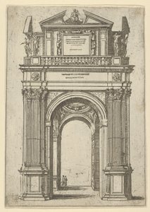 Triomfboog bekroond door een vrouw zittend op een dolfijn, vier staande figuren eronder, een tempel... door Guido Reni