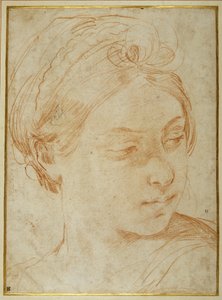 Hoofd van een jonge vrouw, over haar linker schouder kijkend door Guido Reni