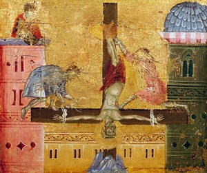 Kruisiging van Sint-Pieter, detail (Paliotto van Sint-Pieter op de Troon), door Guido da Siena, schilderij op hout