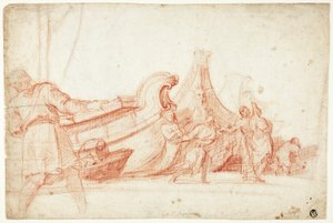 Dokscène (recto); Twee schetsen van mannelijke figuren (verso) door Guillaume Courtois