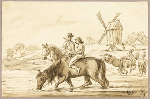 Paarden drenken bij windmolen