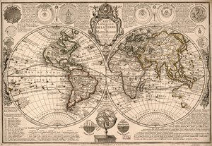 Carte generale de la terre - ou mappe monde auec les quatre principau  sistemes  les figures des sept planetes le tout selon les nouvelles obseruations. LOC 2017585685 door Guillaume Danet