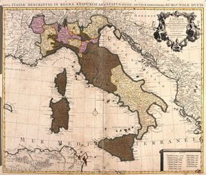 Kaart van Italië, met Corsica, Sardinië en Sicilië (ets) door Guillaume Delisle