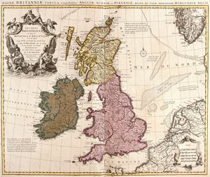 Kaart van de Britse Eilanden, Koninkrijken van Engeland, Schotland en Ierland (ets) door Guillaume Delisle