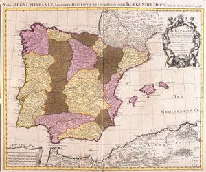 Kaart van het Iberisch Schiereiland, Koninkrijk Portugal en Spanje (ets)