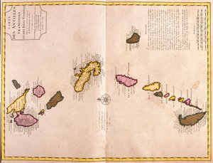 Kaarten van de Caraïbische eilanden (Guadeloupe, Marie Galante, Dominica, Martinique, Saint Lucia, Saint Vincent, Barbados, Grenadines en Grenada) door Guillaume Delisle
