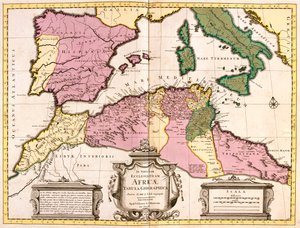 Marokko, noord-Algerije, Tunesië, noordwest-Libië, Spanje, Portugal, Italië (behalve het noorden) door Guillaume Delisle