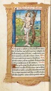 Gedrukt Getijdenboek (Gebruik van Rome): fol. 102v, St. Sebastian door Guillaume Le Rouge