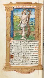 Gedrukt getijdenboek (gebruik van Rome): fol. 102v, St. Sebastiaan door Guillaume Le Rouge