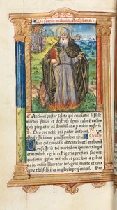 Gedrukt getijdenboek (gebruik van Rome): fol. 104v, St. Antonius Abt door Guillaume Le Rouge