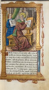 Gedrukt getijdenboek (gebruik van Rome): fol. 19r, St. Mattheus door Guillaume Le Rouge