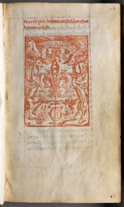 Gedrukt getijdenboek (gebruik van Rome): fol. 1r, Drukkersmerk door Guillaume Le Rouge