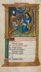 Gedrukt getijdenboek (gebruik van Rome): fol. 3v, februari kalenderillustratie door Guillaume Le Rouge