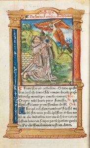 Gedrukt getijdenboek Gebruik van Rome: fol. 106v, St. Franciscus van Assisi, 1510 door Guillaume Le Rouge