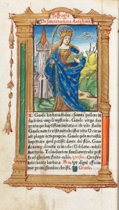 Gedrukt getijdenboek Gebruik van Rome: fol. 110v, St. Barbara, 1510 door Guillaume Le Rouge