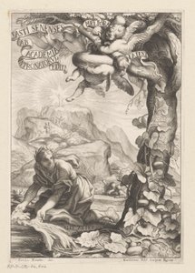 Allegorische voorstelling van een gelauwerde vrouw die een kalebasboom water geeft; op de achtergrond bestijgen figuren een berg. Titelpagina voor: Giovanni Baptista Ferrari, Fasti Senenses, Ab Academia Intronatorum Editi, 1661