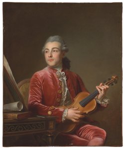 Portret van een heer, halflang, zittend in een rood fluwelen jasje met een viool door Guillaume Voiriot